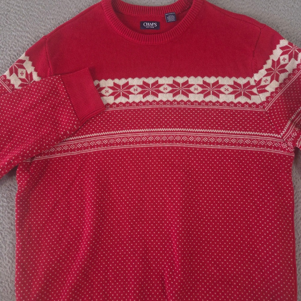 Chaps Sweater Mens XXL Red Holiday Fairisle Cotton Snowflake Nordic Pullover